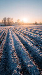 Obraz premium Frost covered furrows bathed in golden sunrise light field winter
