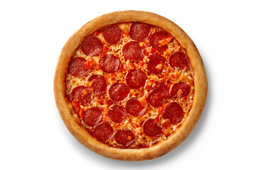 Delicious pepperoni pizza with tomato slices baking on white background