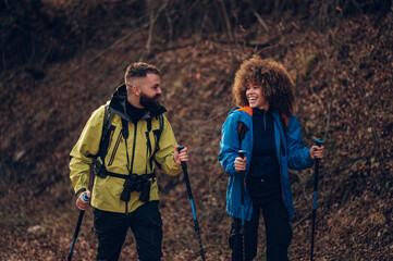 Hikers walking and talking in forest during trekking day