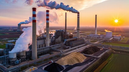 Vibrant Industrial Landscape at Sunset: Smokestacks, Emissions, and Stockpiles Capturing an Evolving Era of Energy Production