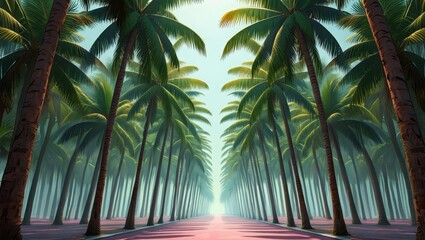 Fototapeta premium A Serene Pathway Flanked by Towering Palm Trees Leading into a Lush Tropical Landscape Under Soft Ambient Light