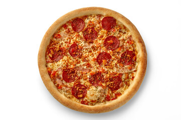 Delicious pizza with pepperoni, bacon, crispy fried onions and melted cheese on white background
