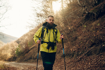 Hiker walking in forest using trekking poles and backpack