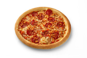 Delicious pizza with pepperoni, crispy onions, and melted cheese on a white background