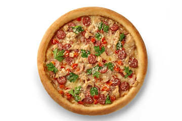 Delicious pizza with chicken, sausage, bacon, and peppers on white background