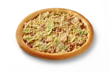 Caesar salad pizza with romaine lettuce and croutons on white background