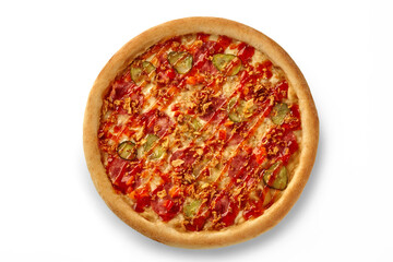 Round pizza with salami, pickled cucumber, crispy fried onions and ketchup on a white background