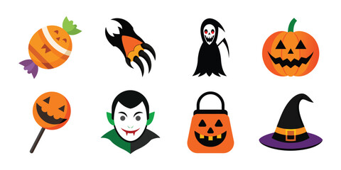Vector art of a vibrant collection of halloween treats and symbols including a candy a monster claw a grim reaper a