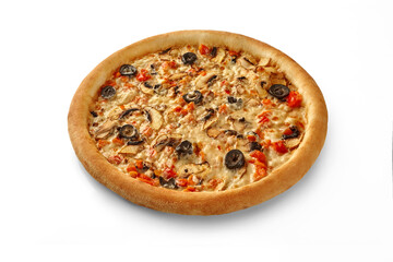 Delicious pizza with tomatoes, mushrooms, and black olives on white background