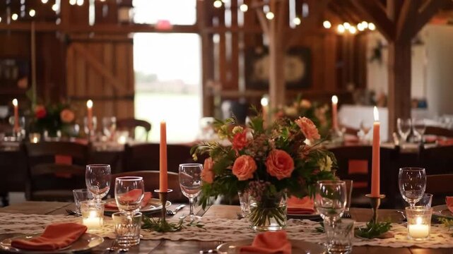 Romantic rustic barn wedding tablescape with candlelight and floral decor