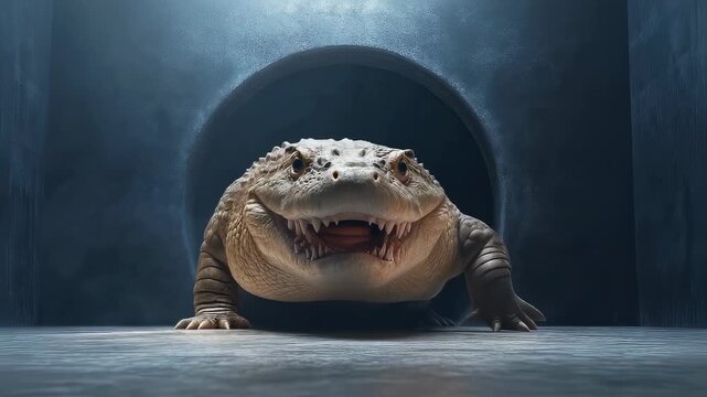 Reptilian creature with sharp teeth crawls out of a dark tunnel, emerging from shadowy environment with textured concrete floor. Menacing predator ready to attack.