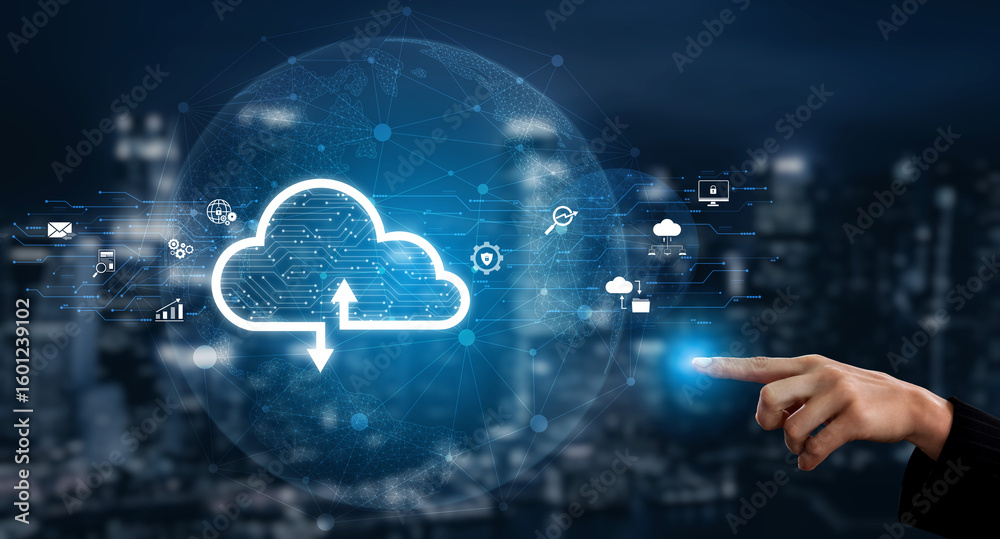 Poster cloud computing enables digital growth with secure data storage, scalable infrastructure, and strate