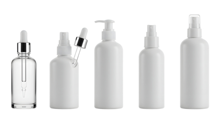 A collection of elegant, empty cosmetic bottles arranged in a line, showcasing various shapes and sizes against a clean background