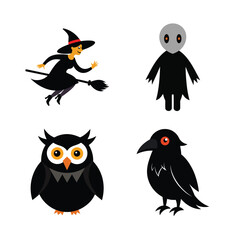 Vector art of a collection of cartoon halloween characters including a witch flying on a broom a ghost an owl and a