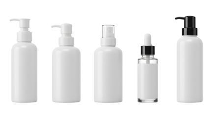 A collection of five minimalist white cosmetic bottles arranged on a clean surface, perfect for skincare product displays