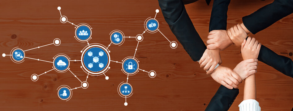 A visual representation of teamwork and collaboration featuring hands joining together, showcasing the interconnectedness of business processes and innovative strategies. Amity