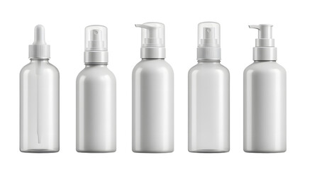 A collection of five sleek, white cosmetic bottles arranged in a row on a clean surface, ideal for product showcasing