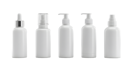 A collection of five sleek white cosmetic bottles arranged neatly on a reflective surface, showcasing modern design and versatility