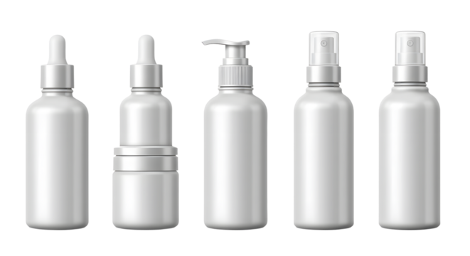 A collection of five sleek, white cosmetic containers arranged in a row, showcasing various shapes and dispensing mechanisms