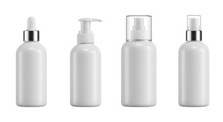 A collection of four sleek, minimalist white cosmetic bottles arranged in a row, showcasing various designs for skincare products