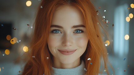 A woman with vibrant auburn hair and captivating blue eyes smiles warmly.