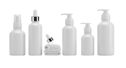 A collection of sleek, white cosmetic bottles and jars arranged on a clean surface, ideal for skincare product promotion