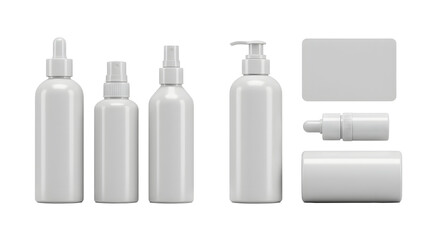 A collection of various blank cosmetic containers arranged neatly, showcasing different shapes and sizes for potential branding