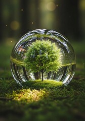Concept of Environmental Protection with a Green Tree in a Glass Sphere