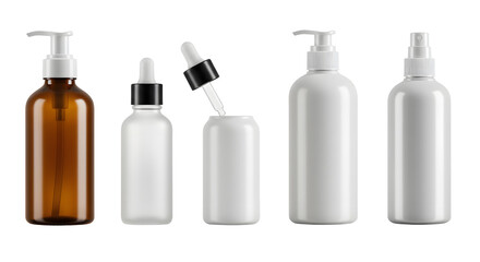 A collection of various cosmetic bottles arranged in a line, showcasing different shapes and sizes against a neutral background