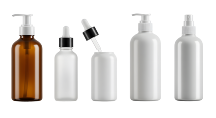 A collection of various cosmetic bottles arranged in a line, showcasing different shapes and sizes against a neutral background