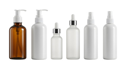 A collection of various cosmetic bottles in different shapes and sizes arranged neatly, showcasing their sleek designs for potential use