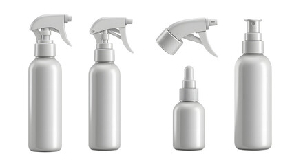 A collection of various empty spray and dropper bottles arranged neatly on a white background, ideal for packaging mockups