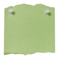 A sheet of green paper with jagged edges attached with two white pushpins on an isolated background