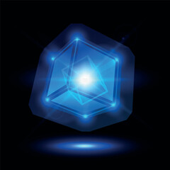 Abstract cube with glowing dots, rays, highlights and reflection, neon blue color.