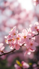 Naklejka premium Pink cherry flowers close up macro. Sakura blossoms in the spring against sunlight. Beautiful delicate gentle colorful artistic image of spring, mindfulness theme. White tone