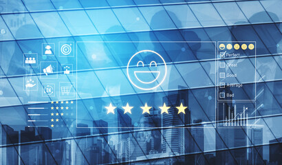 Customer feedback and satisfaction rating system showing star review, happy face, performance...
