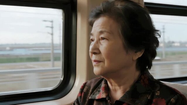  Anciana, con arrugas de sabiduría, sentada en un tren mirando por la ventana