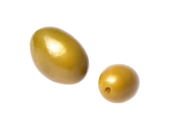 two olives are shown on a white surface