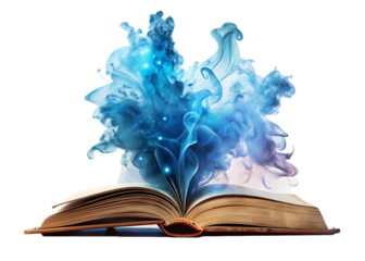   magic book with blue magical smoke isolated on white background PNG, AI GENERATED