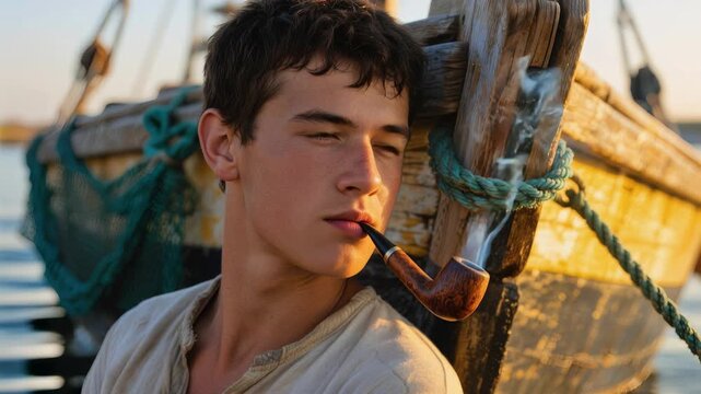 Joven pescador con una pipa en su boca