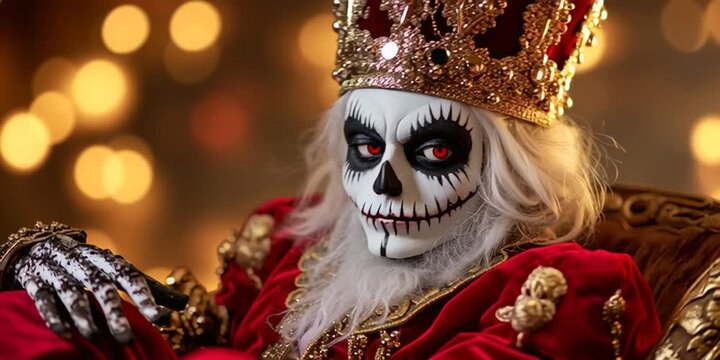 Gothic nutcracker king with crown and skull face paint - bokeh background with gold and red 
