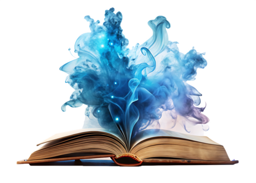   magic book with blue magical smoke isolated on white background PNG, AI GENERATED