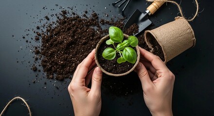 Hands holding small basil plant in biodegradable pot