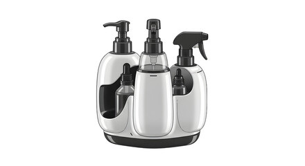 A modern set of sleek, ergonomic spray bottles arranged neatly on a countertop, ideal for cleaning and organization