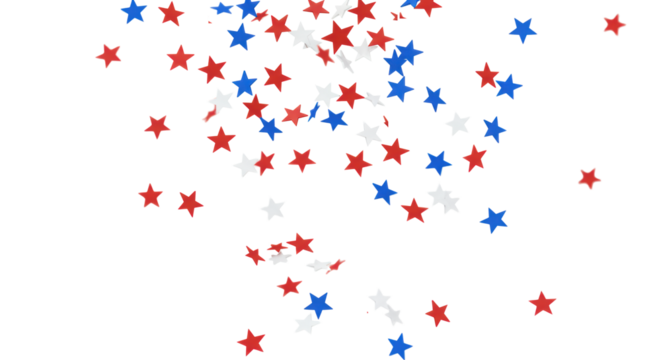 Thousands of small, precisely star-shaped confetti in vibrant red, transparent, and bright blue, varying in size and rotation, falling against a transparent studio background, concept of patriotic