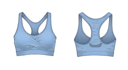 A stylish and comfortable blue sports bra displayed from the front and back, ideal for activewear collections or fitness promotions