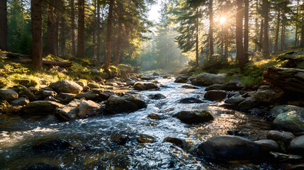 Obraz premium Peaceful forest river landscape with flowing water rocks and sunlight filtering through trees