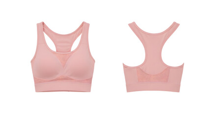 A stylish and comfortable pink sports bra displayed from multiple angles, showcasing its design and material for fitness enthusiasts