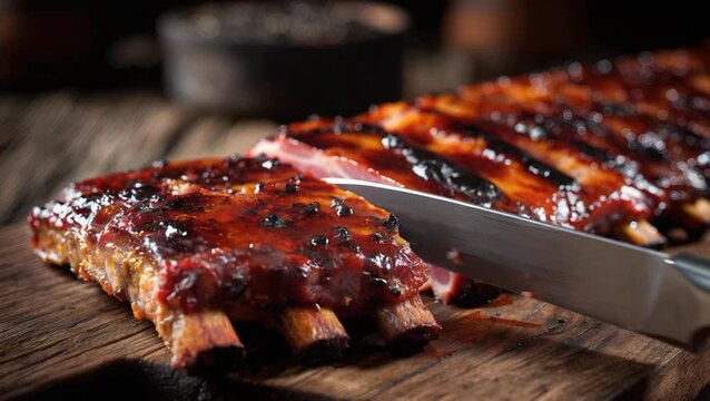 Un primer plano cinematográfico hiperrealista de un costillar de cerdo entero, glaseado con una salsa barbacoa 