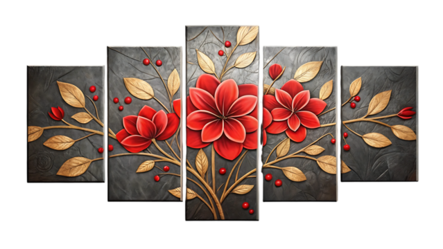 Elegant Red and Gold Floral Canvas Art Five-Panel Modern Home Decor